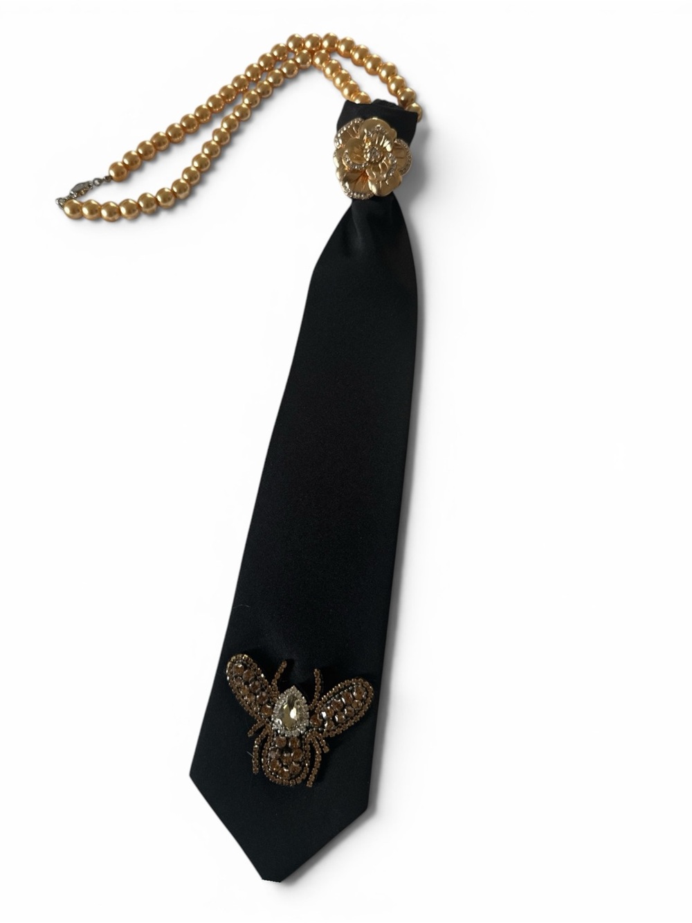 Pearl-Accented Black Silk Tie Necklace with Gold Bee Accent